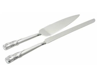 2 tone Brushed/Shiny Silver Hearts Cake Server Set