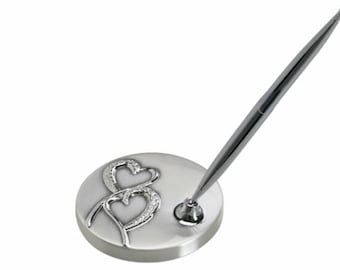 Guest Wedding Book Pen with Holder, 2 Tone Brushed and Shiny Silver Finish Hearts Reception pen with Pen Stand