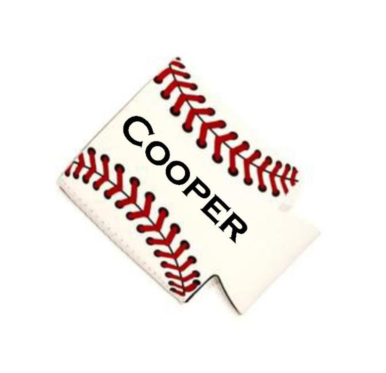 May include: White baseball-themed can cooler with red stitching and the name "COOPER" printed in black.
