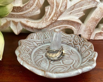 Handmade Ceramic Ring Dish, Gray Floral Texture Design