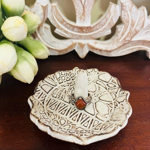 Handmade Ceramic Ring Dish, White Floral Texture Design