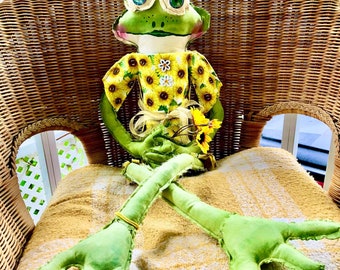 Willow the Frog. Original pattern. Hand painted. Art Doll. 33” Tall! #frog #artdoll #sunflowers #handmadedoll