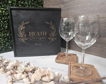 Personalized Wine Glass Gift Set: Engraved Wooden Box, Wedding Anniversary