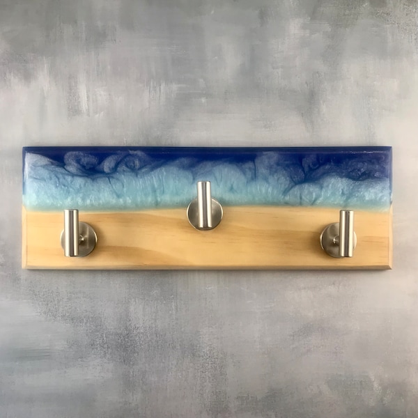 Porte-manteau mural bleu océan | 3 crochets en bois et résine, la décoration parfaite pour votre maison, cadeau de pendaison de crémaillère