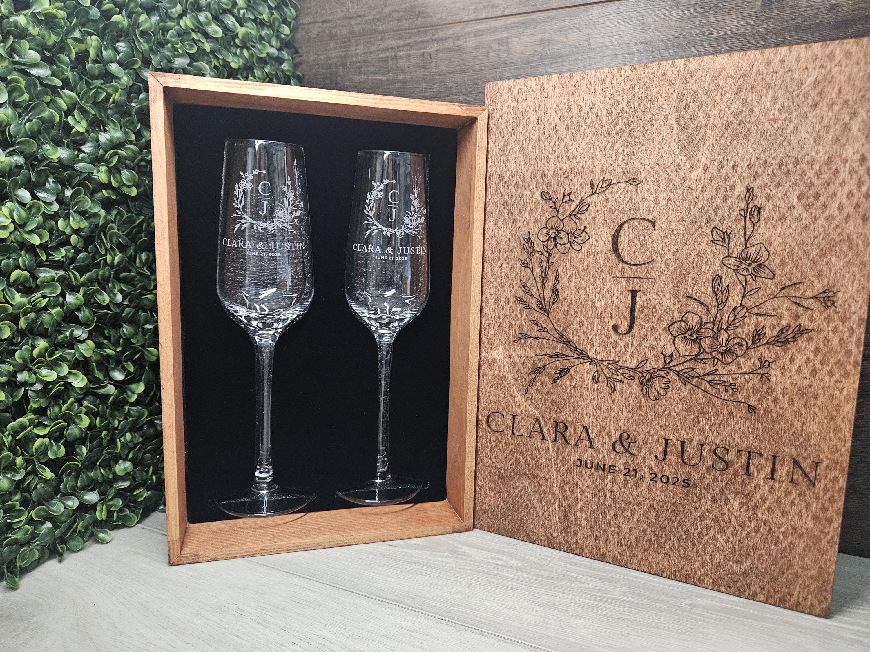 Personalized Champagne Flutes, Elegant Wedding Gift Set in Wooden Keepsake Box,  Customizable for any Celebrations & Anniversaries (DC028)
