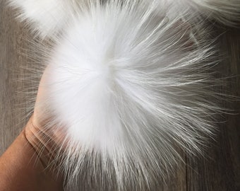 Pompom de pele branca pura, pompom de pele real com botão de pressão, pompom de pele
