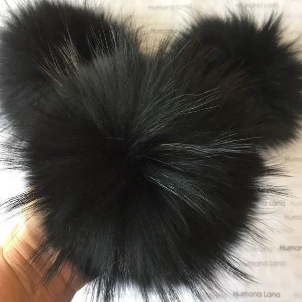 Black raccoon fur pom pom, raccoon fur pompom for hat, fur pompom with press stud button
