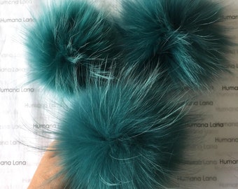 Aqua light tips fur pom pom, raccoon fur pompom for hat, fur pompom with press stud button