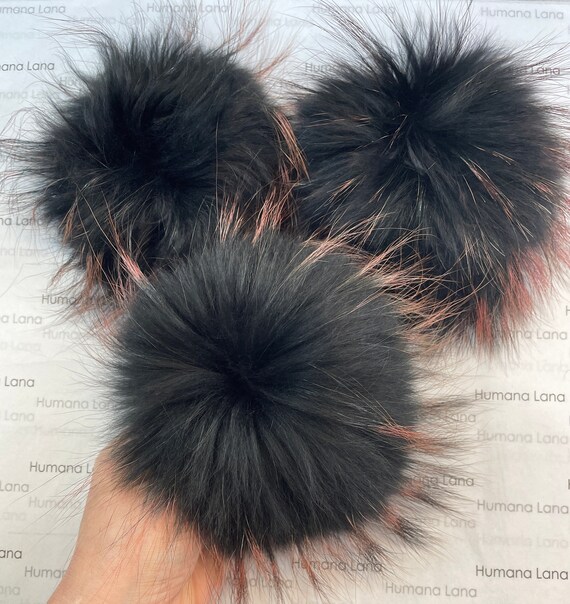 5” Diameter Fur Pom Pom with Press Snap Button for Knitted Hat Beanie Hats  (Orange top)