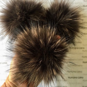 Coffee Raccoon fur pom pom with snap,  raccoon fur pompom for hat