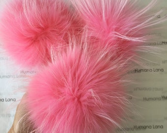 Flamingo raccoon fur pom pom with snap,  raccoon fur pompom for hat