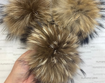 Brown Raccoon fur pom pom with snap,  raccoon fur pompom for hat, fur pompom with press stud button