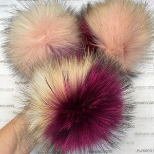 3 colors (White,fuschia and pink) Raccoon fur pom pom with snap,  raccoon fur pompom for hat