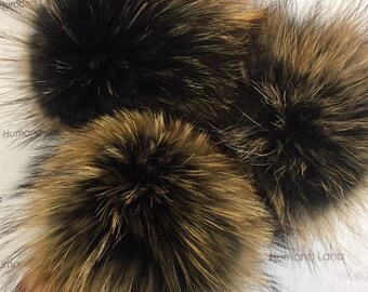 raccoon fur pompom for hat Black with naturals tips raccoon fur pom pom 15-17cm with snap