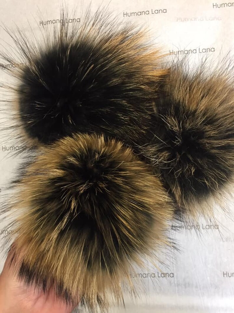 raccoon fur pompom for hat Black with naturals tips raccoon fur pom pom 15-17cm with snap