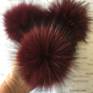 Burgundy Raccoon fur pom pom 13-14cm or 15-16cm with snap,  raccoon fur pompom for hat