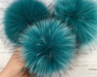 Blue-green fur pom pom, raccoon fur pompom for hat, fur pompom with press stud button