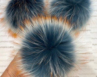 Blue with redhead tips raccoon fur pom pom with snap, raccoon fur pompom for hat
