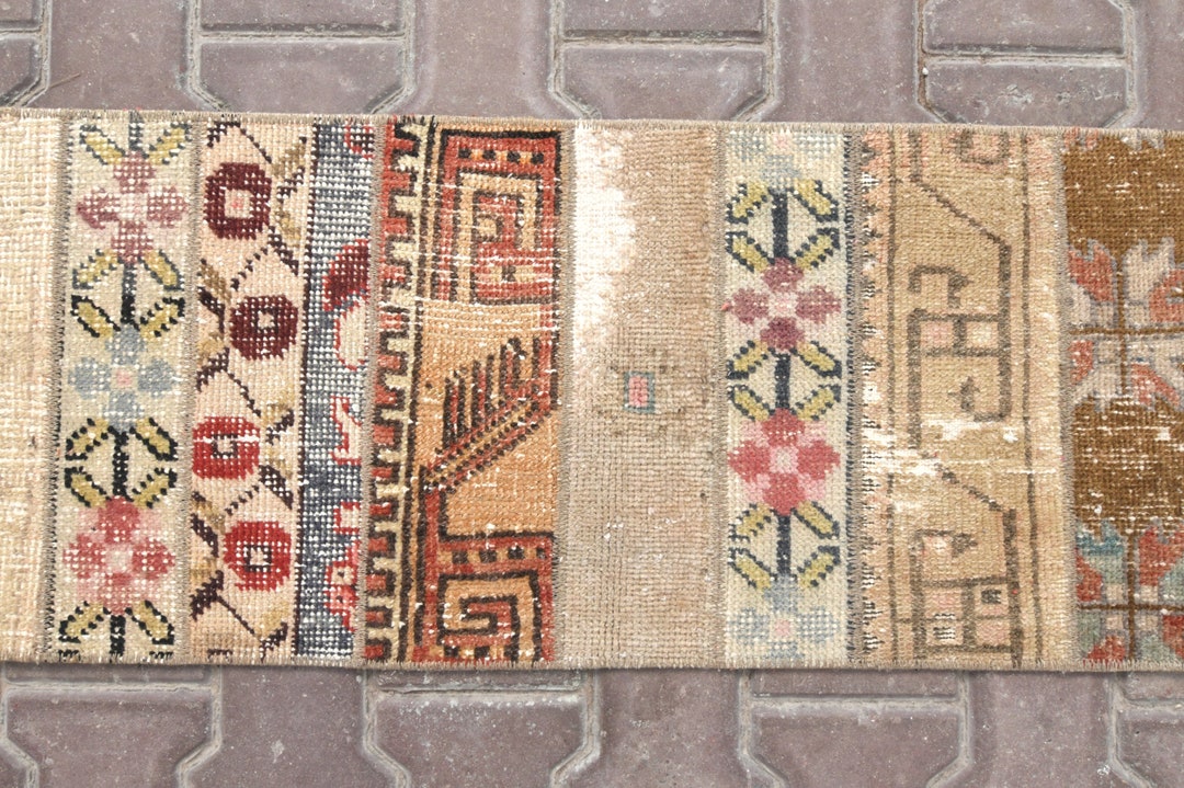 Handwoven Turkish Patchwork Runner Rug: Beige Bohemian Oushak (1'3x4'9 ...