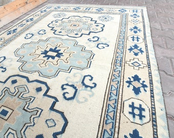 5&#39;6X7&#39;6 Vintage Rug Oushak Rug Decorative Carpet Bohemian Rug Turkish Rug Fadet Rug Beige Blue Design