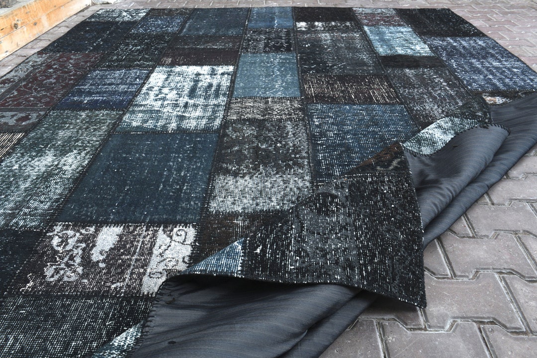 8x12 Navy Blue Back Rug Patchwork Rug Turkish Patchwork Patchwork ...