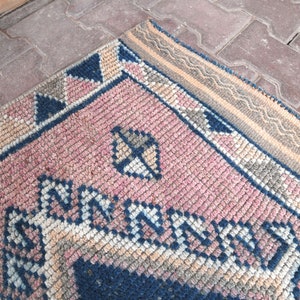Roze blauw beige loper tapijt, handgeknoopte loper, Turks loper tapijt, kleur volledig tapijt, vintage tapijt, oushak tapijt, decoratief tapijt
