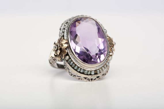 Ladies Vintage 1930's Large Amethyst 14k Two-Tone… - image 1