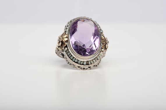 Ladies Vintage 1930's Large Amethyst 14k Two-Tone… - image 2