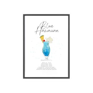 Pósteres enmarcados, impresión artística de acuarela de cóctel hawaiano azul: decoración de pared, decoración del hogar, póster tropical, arte de cocina, decoración de bar