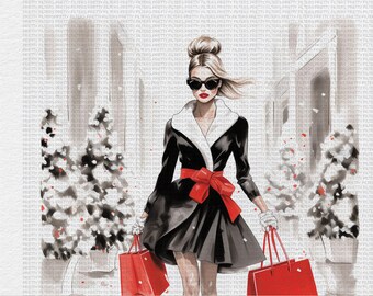 Christmas Fashion Girl Watercolor Clipart (Digital Download)