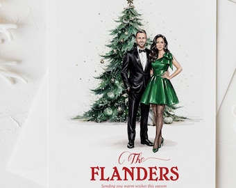 Elegant Family Christmas Card | Custom Formal Portrait Illustration Digital Download | Personalized Holiday Card Printable