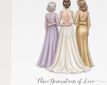 Mother Grandmother Bride Portrait, Custom Wedding Family Illustration, Mother of the Bride Gift, Grandmother Wedding Gift from Bride