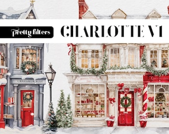 Watercolor Christmas Town Clipart, Xmas Houses PNG (Digital Download)