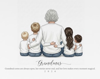 Personalized Grandmother Illustration from Grandkids – Custom Family Portrait Gift for Grandma, Birthday, Mother’s Day, or Special Occasion