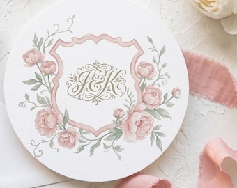 Peony Wedding Crest Clipart, Watercolor Floral Monogram Emblems, Botanical Wedding Logo, Printable PNG Digital Download, Volume 1