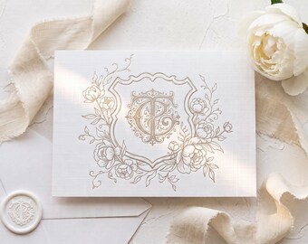 Peony Wedding Crest Clipart, Floral Monogram Emblems, Black Ink Line Art Wedding Logo, Printable PNG Digital Download, Volume 1