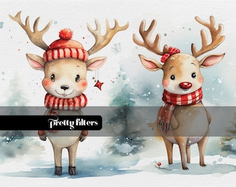 Watercolor Reindeer Clipart, Christmas PNG (Digital Download)