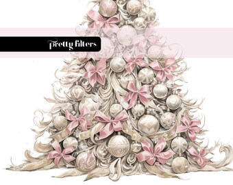 Pink & Gold Christmas Tree Clipart, Watercolor PNG (Digital Download)
