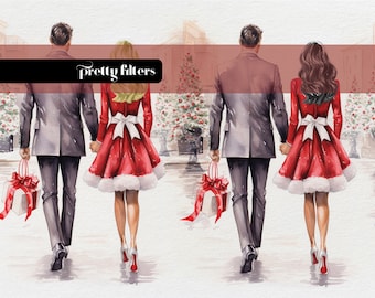 Christmas Couple Watercolor Clipart, Holiday PNG (Digital Download)