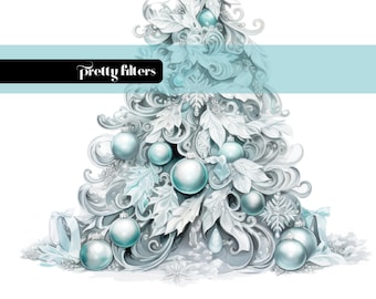 Watercolor Christmas Tree Clipart, Blue and Silver (Digital Download)