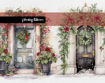 Watercolor Christmas Door Clipart, Holiday House Illustration (PNG Digital Download)