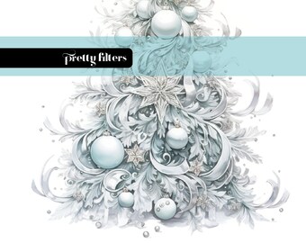 Watercolor Christmas Tree Clipart, Ice Silver PNG (Digital Download)