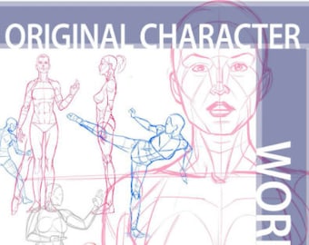 Könnte beinhalten: Ein Arbeitsbuch mit dem Titel "Original Character Workbook" mit dem Slogan "Make your own characters...easy". Der Umschlag zeigt verschiedene Strichzeichnungen von menschlichen Figuren in verschiedenen Posen, darunter eine Ganzkörperzeichnung einer Frau mit erhobenen Armen, eine Frau, die tritt, und eine Frau mit verschränkten Armen.