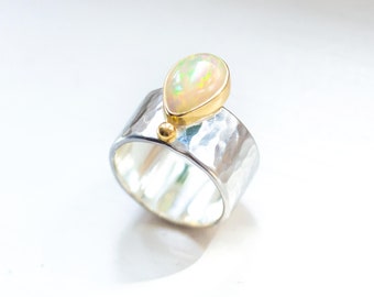 Ethiopian Opal Aura Ring 18K Yellow Gold and Silver Band