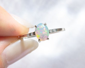 Luna Opal and Diamond Ring in White Gold / UK Ring Size N 1/2 / US Size 7.25