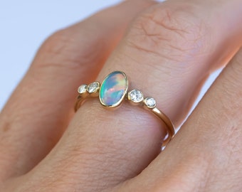 Australian Opal and Diamond 'Aurora' Ring in 9K Yellow Gold Size L