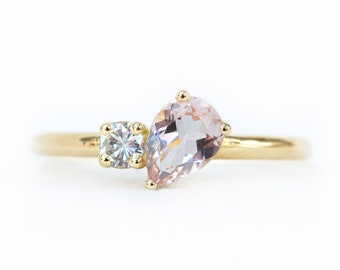 Pear Peach Morganite & Diamond 'Toi Et Moi' Ring in 18K Yellow Gold- Two Stone You and Me Ring- Pink Engagement ring