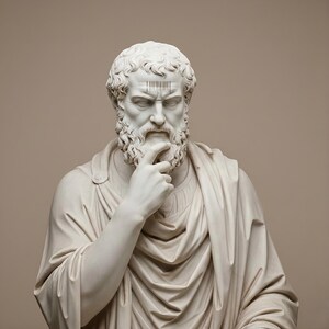 May include: A marble bust of a man with a beard, wearing a toga, and touching his chin in thought. A barcode is superimposed on his forehead. The sculpture is white, set against a neutral background.
