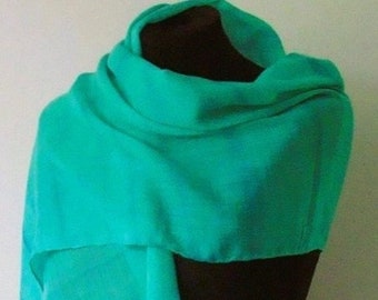 Soft, thin woolen scarf, 180 x 45 cm, handpainted in sea green and blue (L-0597)