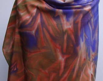 Silk scarf of softly shiny crepe de chine, 160 x 90 cm, hand-painted in brown, salmon, purple blue, green and white (L-0827)